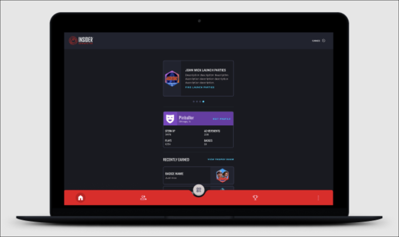Stern Insider Connected player achievements dashboard on a laptop